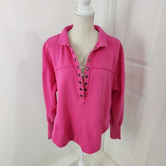 Pilcor Sweatshirt Womens M Pink Collared V Neck Grommet Eyelets Terry Pullover - Picture 13 of 13